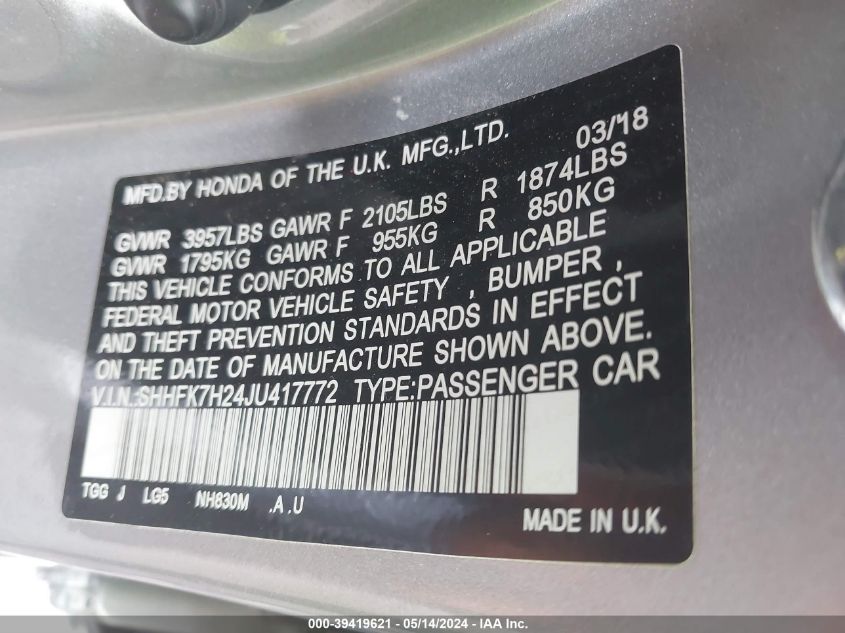 2018 Honda Civic Lx VIN: SHHFK7H24JU417772 Lot: 39419621
