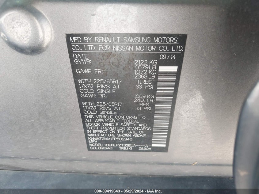 2015 Nissan Rogue S VIN: KNMAT2MV1FP502948 Lot: 39419643