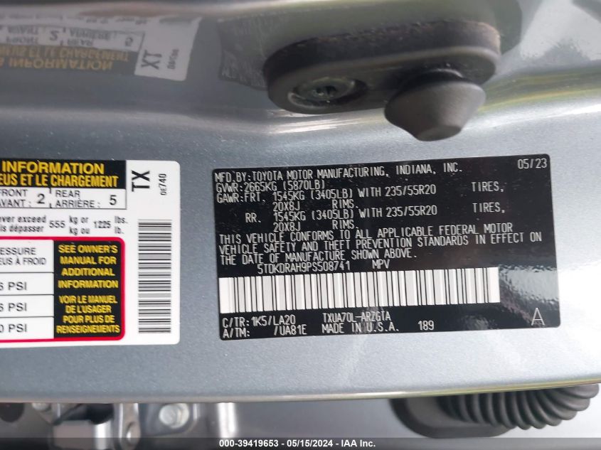 2023 Toyota Highlander Platinum VIN: 5TDKDRAH9PS508741 Lot: 39419653