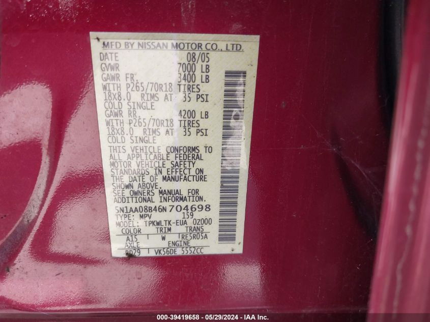 2006 Nissan Armada Se VIN: 5N1AA08B46N704698 Lot: 39419658