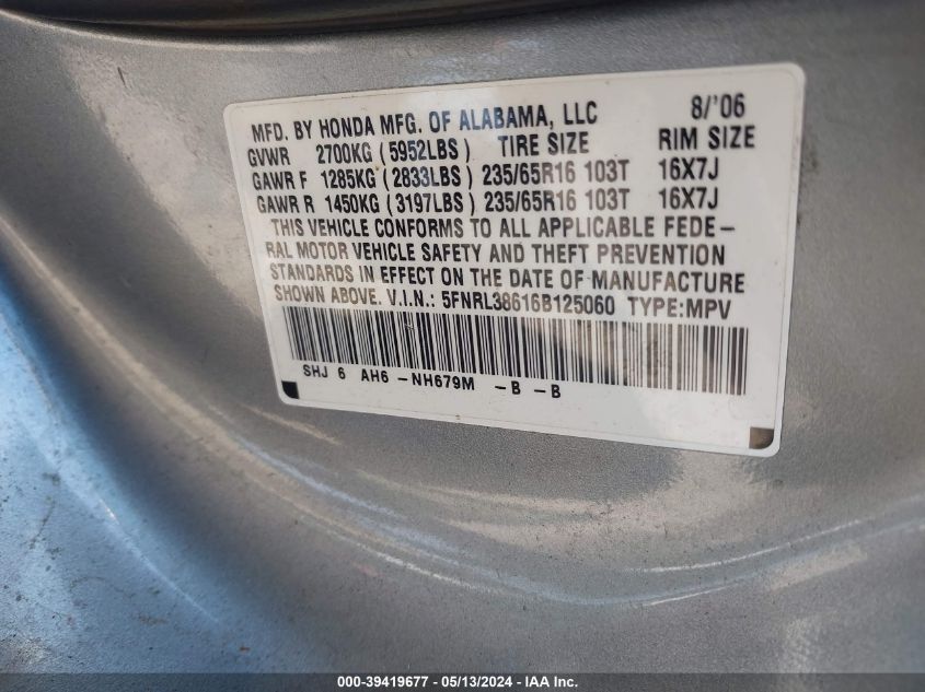 2006 Honda Odyssey Ex-L VIN: 5FNRL38616B125060 Lot: 39419677