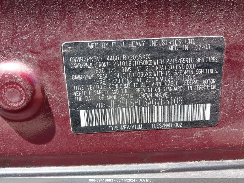 2010 Subaru Forester 2.5X VIN: JF2SH6BC6AG765106 Lot: 39419683