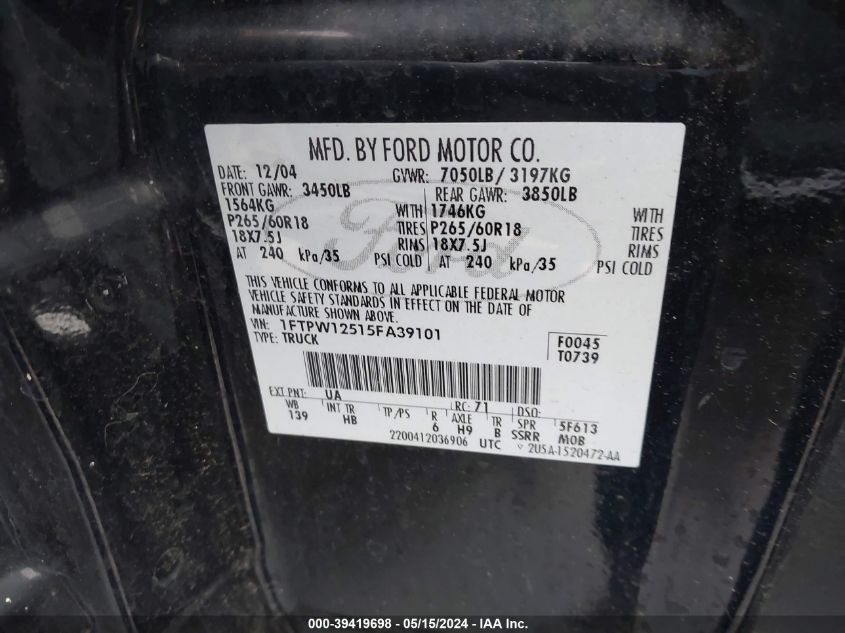 2005 Ford F-150 Lariat/Xlt VIN: 1FTPW12515FA39101 Lot: 39419698