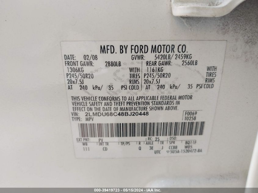 2008 Lincoln Mkx VIN: 2LMDU68C48BJ20448 Lot: 39419723