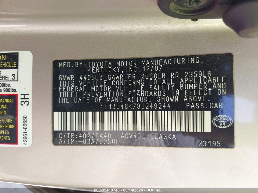 2008 Toyota Camry Xle VIN: 4T1BE46K78U249244 Lot: 39419743