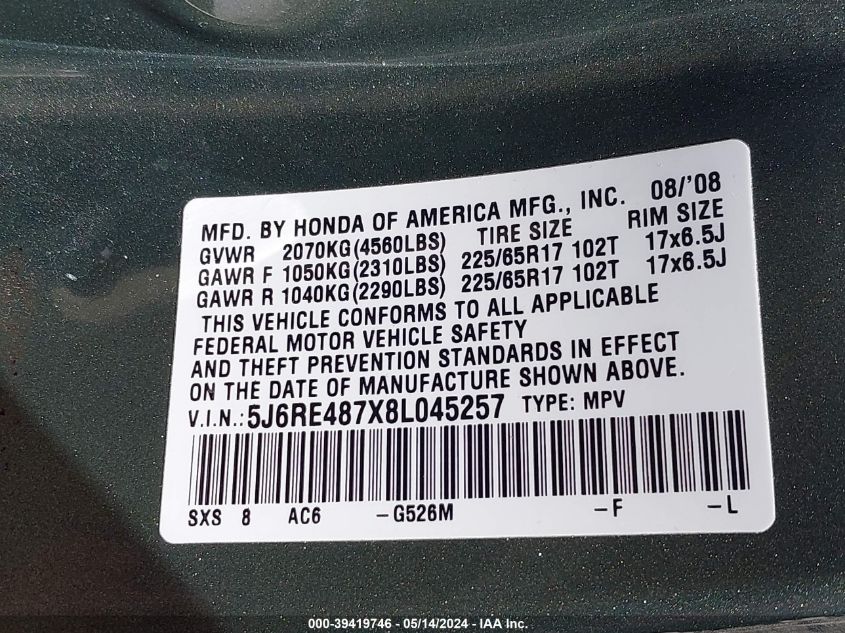 2008 Honda Cr-V Ex-L VIN: 5J6RE487X8L045257 Lot: 39419746