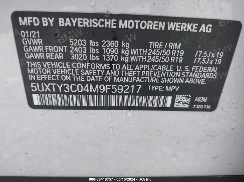 2021 BMW X3 Sdrive30I VIN: 5UXTY3C04M9F59217 Lot: 39419757