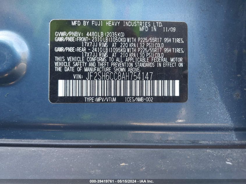 2010 Subaru Forester 2.5X Premium VIN: JF2SH6CC8AH754147 Lot: 39419761