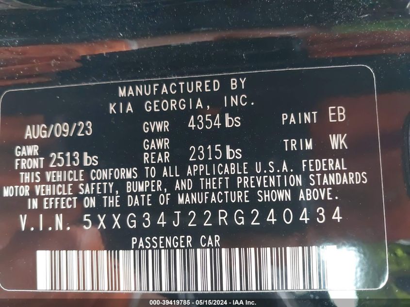 2024 Kia K5 Ex VIN: 5XXG34J22RG240434 Lot: 39419785