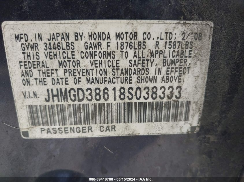 2008 Honda Fit Sport VIN: JHMGD38618S038333 Lot: 39419788