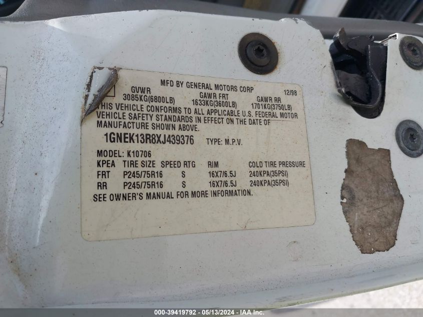 1999 Chevrolet Tahoe Ls VIN: 1GNEK13R8XJ439376 Lot: 39419792