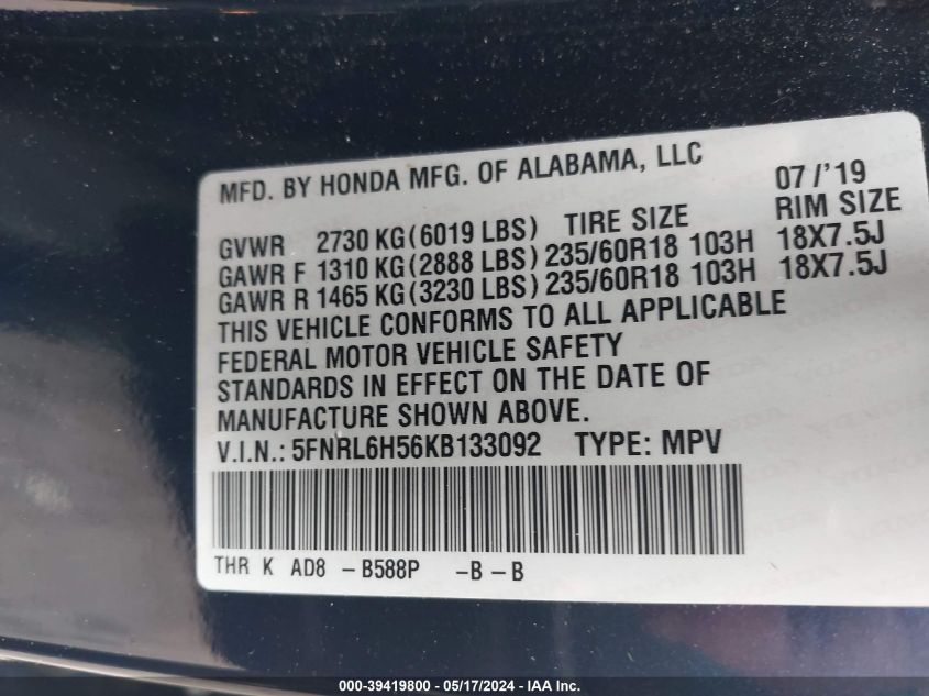 2019 Honda Odyssey Ex VIN: 5FNRL6H56KB133092 Lot: 39419800