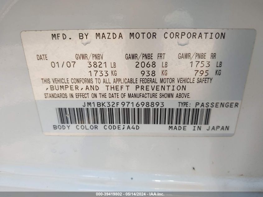 2007 Mazda Mazda3 I VIN: JM1BK32F971698893 Lot: 39419802