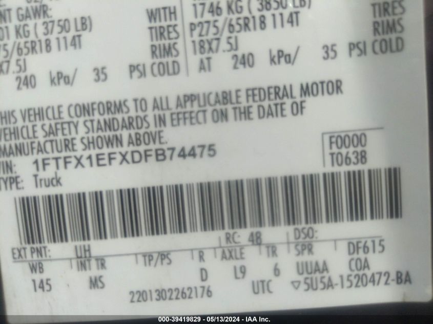 2013 Ford F-150 Xlt VIN: 1FTFX1EFXDFB74475 Lot: 39419829