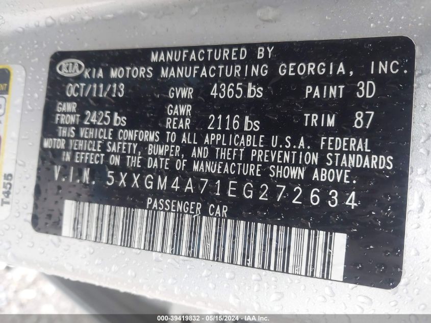 2014 Kia Optima Lx VIN: 5XXGM4A71EG272634 Lot: 39419832