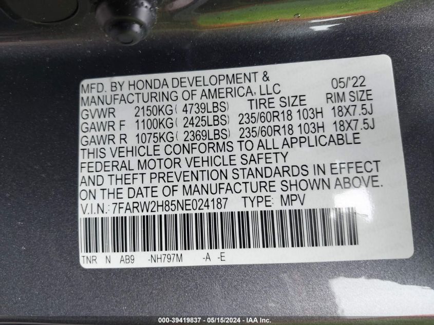 2022 Honda Cr-V Exl VIN: 7FARW2H85NE024187 Lot: 39419837