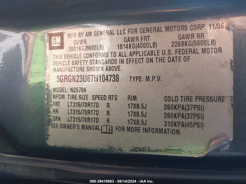 2007 Hummer H2 Suv VIN: 5GRGN23U67H104738 Lot: 39419863