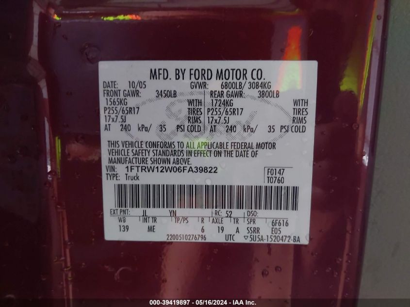 2006 Ford F-150 Xlt VIN: 1FTRW12W06FA39822 Lot: 39419897