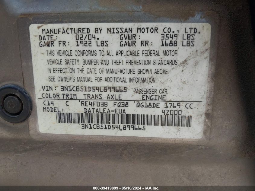 2004 Nissan Sentra VIN: 3N1CB1D54L899665 Lot: 39419899