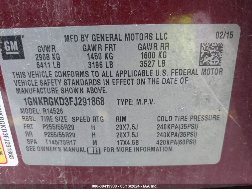 2015 Chevrolet Traverse 1Lt VIN: 1GNKRGKD3FJ291868 Lot: 39419900
