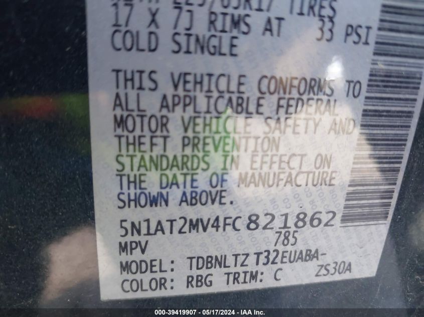 2015 Nissan Rogue Sv VIN: 5N1AT2MV4FC821862 Lot: 39419907