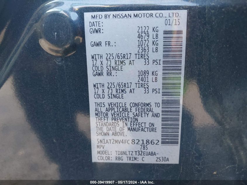 2015 Nissan Rogue Sv VIN: 5N1AT2MV4FC821862 Lot: 39419907