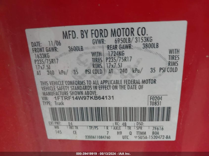 2007 Ford F-150 Stx/Xl/Xlt VIN: 1FTRF14W97KB64131 Lot: 39419919