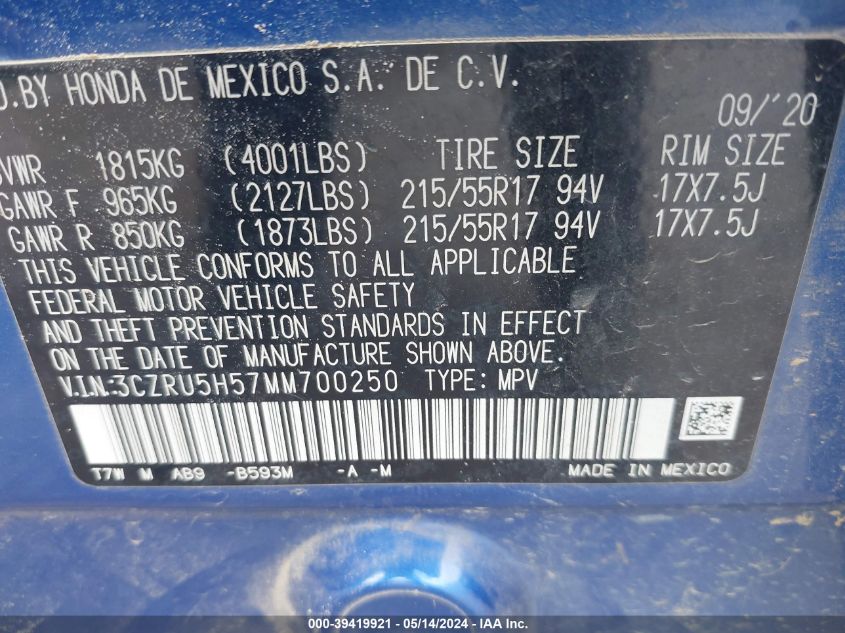 2021 Honda Hr-V 2Wd Ex VIN: 3CZRU5H57MM700250 Lot: 39419921