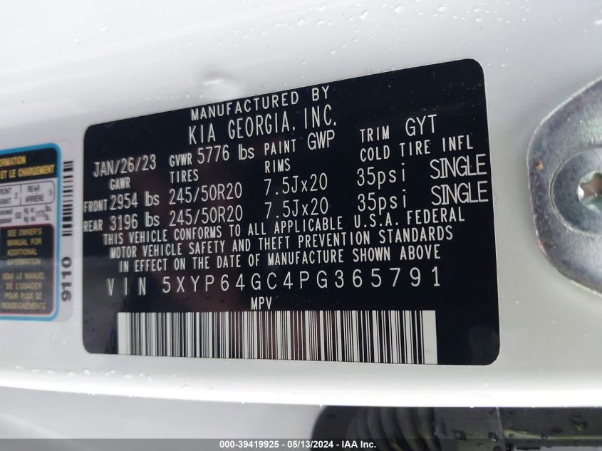 2023 Kia Telluride S VIN: 5XYP64GC4PG365791 Lot: 39419925