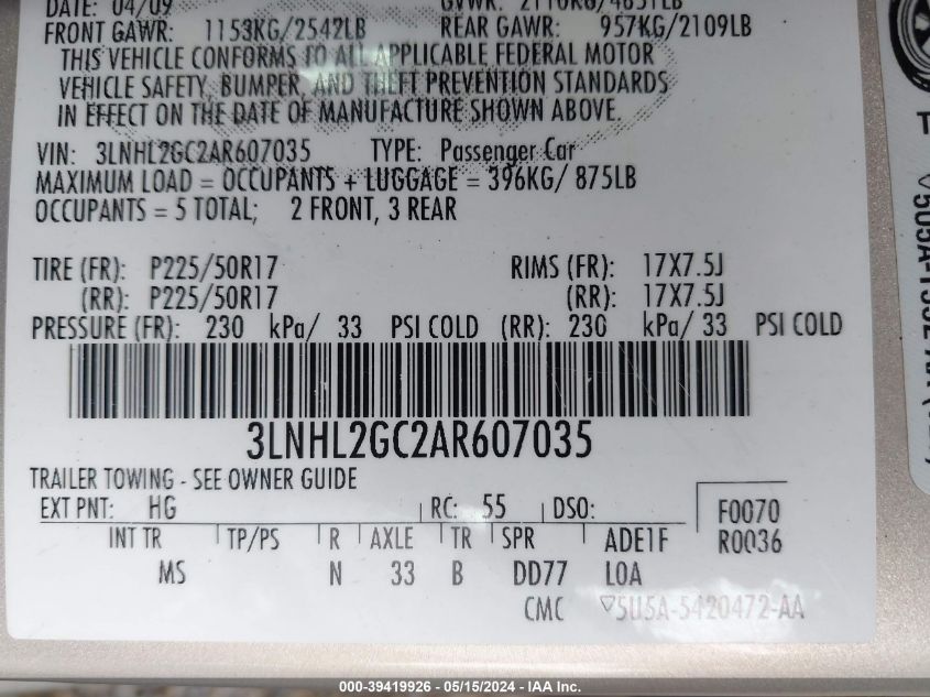 2010 Lincoln Mkz VIN: 3LNHL2GC2AR607035 Lot: 39419926