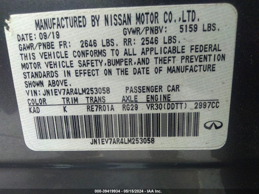 2020 Infiniti Q50 Luxe Awd VIN: JN1EV7AR4LM253058 Lot: 39419934