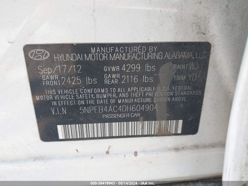 2013 Hyundai Sonata Gls VIN: 5NPEB4AC4DH604904 Lot: 39419943