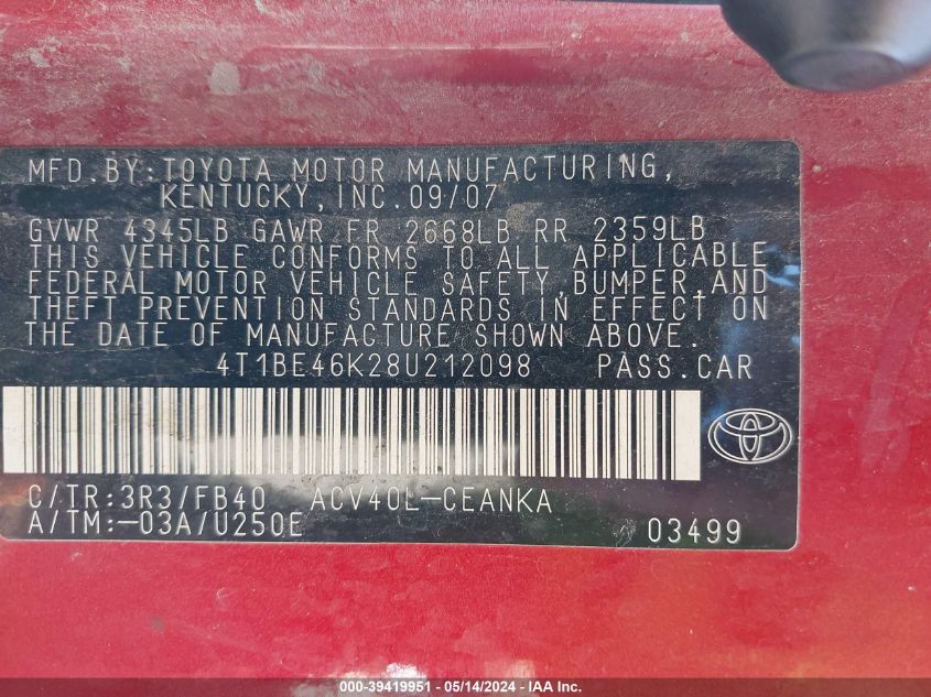 2008 Toyota Camry Le VIN: 4T1BE46K28U212098 Lot: 39419951