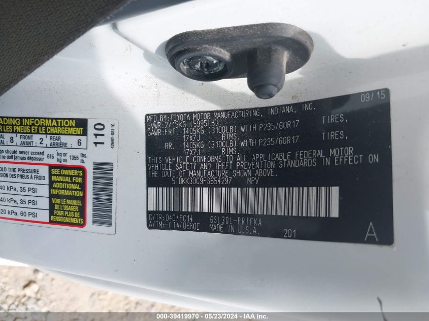 2015 Toyota Sienna Le 8 Passenger VIN: 5TDKK3DC9FS654297 Lot: 39419970