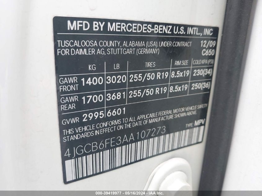 2010 Mercedes-Benz R 350 4Matic VIN: 4JGCB6FE3AA107273 Lot: 39419977