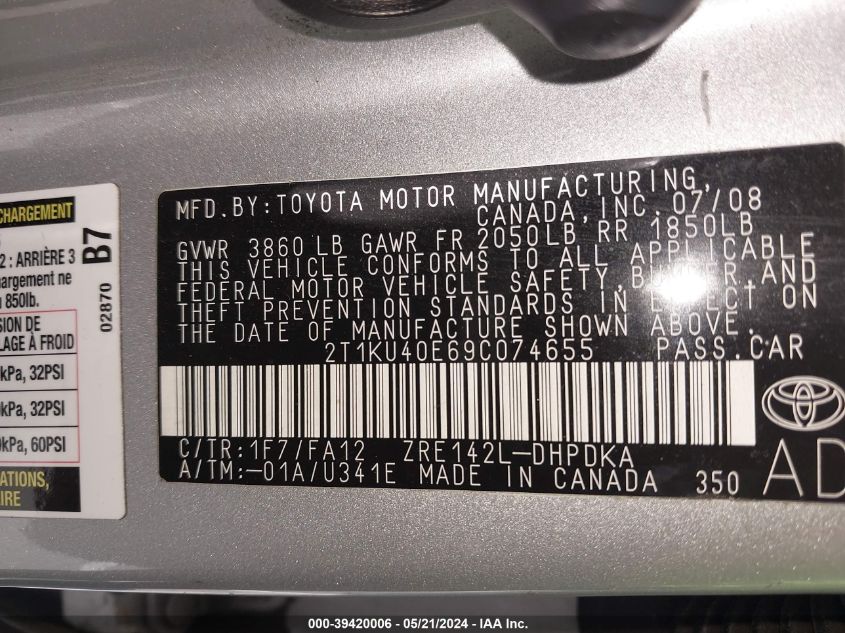 2009 Toyota Matrix VIN: 2T1KU40E69C074655 Lot: 39420006