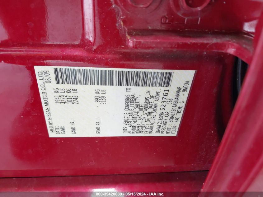 2009 Nissan Altima 2.5 S VIN: 1N4AL21EX9N523761 Lot: 39420030