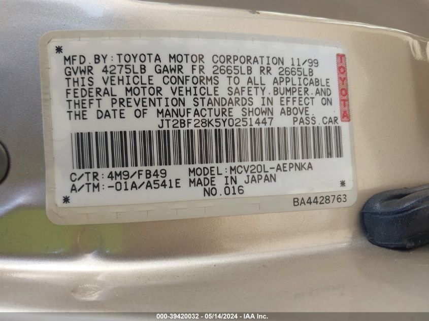 2000 Toyota Camry Le V6 VIN: JT2BF28K5Y0251447 Lot: 39420032