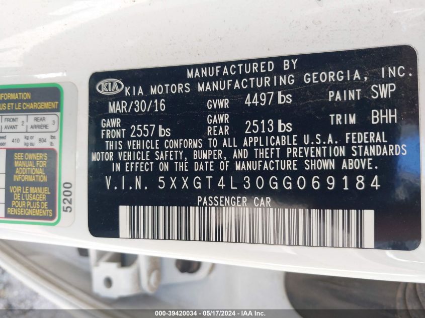 2016 Kia Optima Lx VIN: 5XXGT4L30GG069184 Lot: 39420034