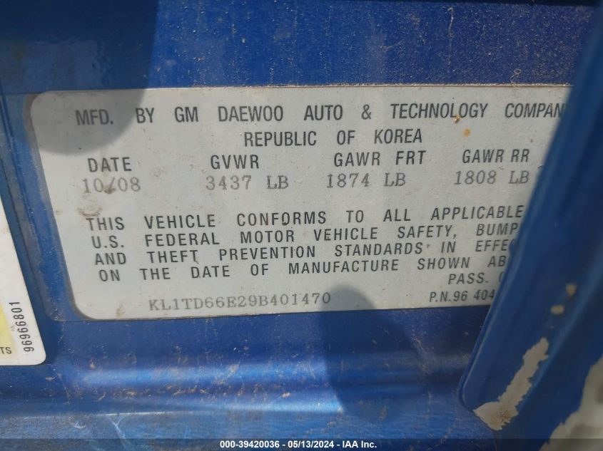 2009 Chevrolet Aveo Ls VIN: KL1TD66E29B401470 Lot: 39420036