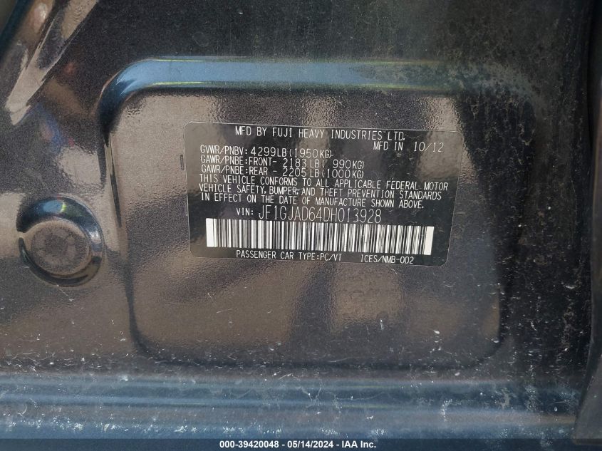 2013 Subaru Impreza 2.0I Premium VIN: JF1GJAD64DH013928 Lot: 39420048