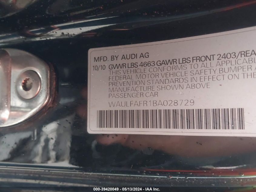 2011 Audi A5 2.0T Premium VIN: WAULFAFR1BA028729 Lot: 39420049