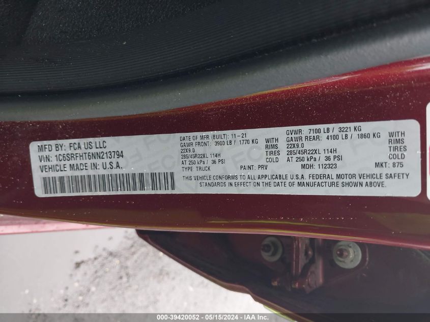 2022 RAM 1500 LIMITED - 1C6SRFHT6NN213794