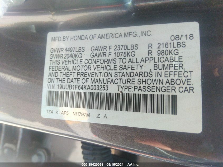 2019 Acura Tlx Tech A-Spec Pkgs VIN: 19UUB1F64KA003253 Lot: 39420056