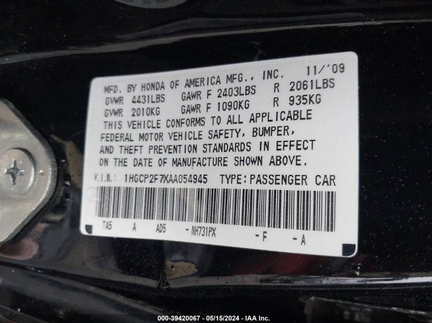 2010 Honda Accord 2.4 Ex VIN: 1HGCP2F7XAA054945 Lot: 39420067