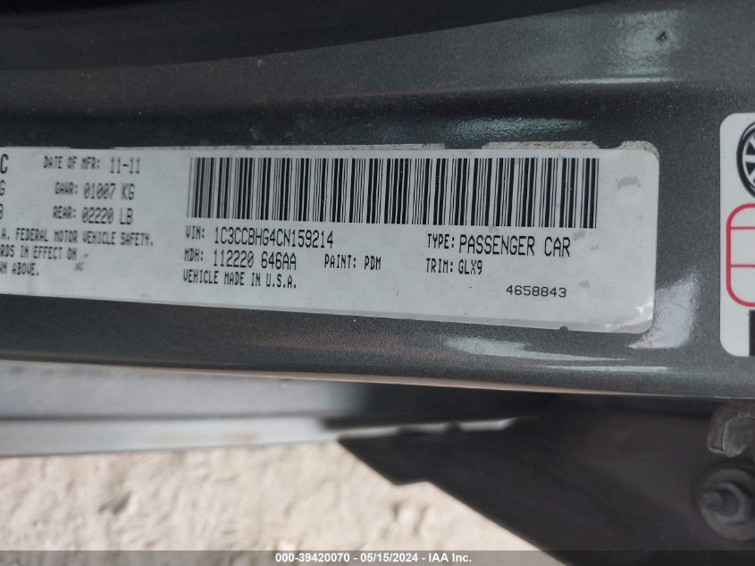 2012 Chrysler 200 S VIN: 1C3CCBHG4CN159214 Lot: 39420070