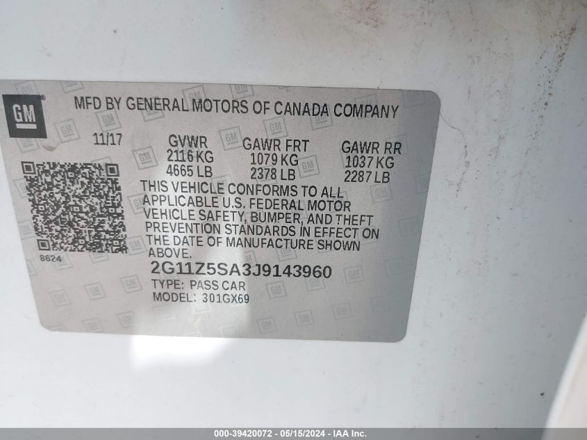 2018 Chevrolet Impala Ls VIN: 2G11Z5SA3J9143960 Lot: 39420072