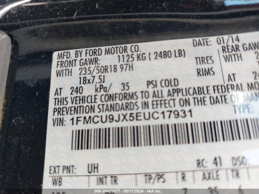 2014 Ford Escape Titanium VIN: 1FMCU9JX5EUC17931 Lot: 39420077