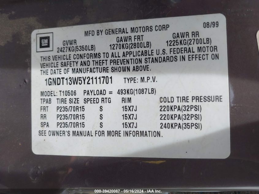 2000 Chevrolet Blazer Lt VIN: 1GNDT13W5Y2111701 Lot: 39420087