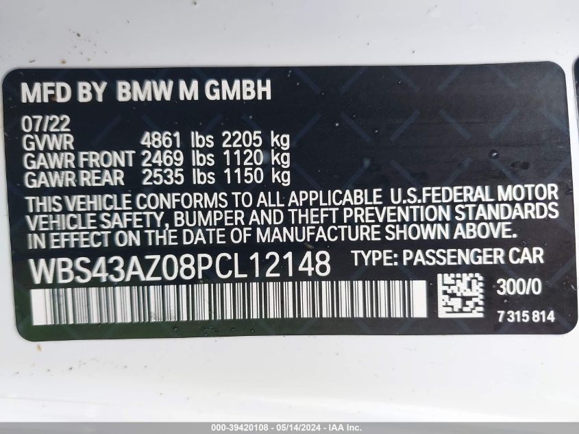 2023 BMW M4 Competition xDrive VIN: WBS43AZ08PCL12148 Lot: 39420108